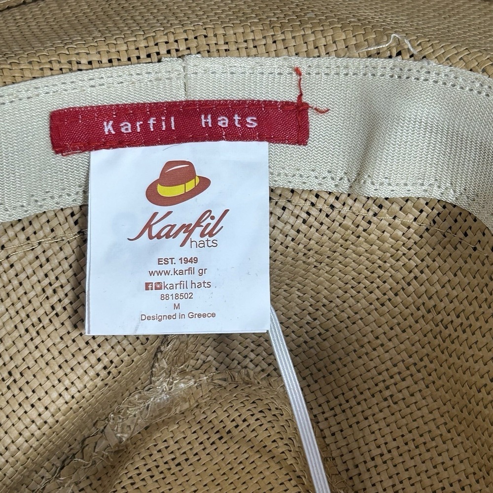 Karfil Hats Greece Woven Straw Fedora Sun Hat Beige Black Band Size M Medium - Picture 6 of 11